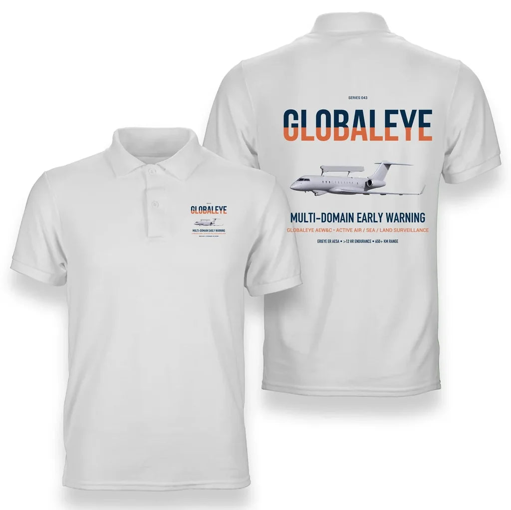 Saab GlobalEye design on white double-side polo t-shirt, double-side print