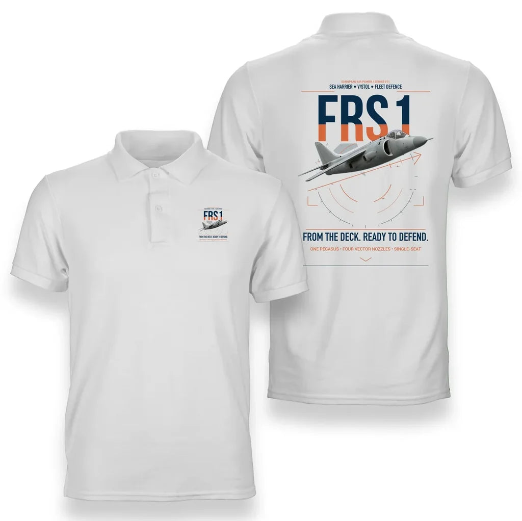 British Aerospace Sea Harrier FRS.1 design on white double-side polo t-shirt, double-side print