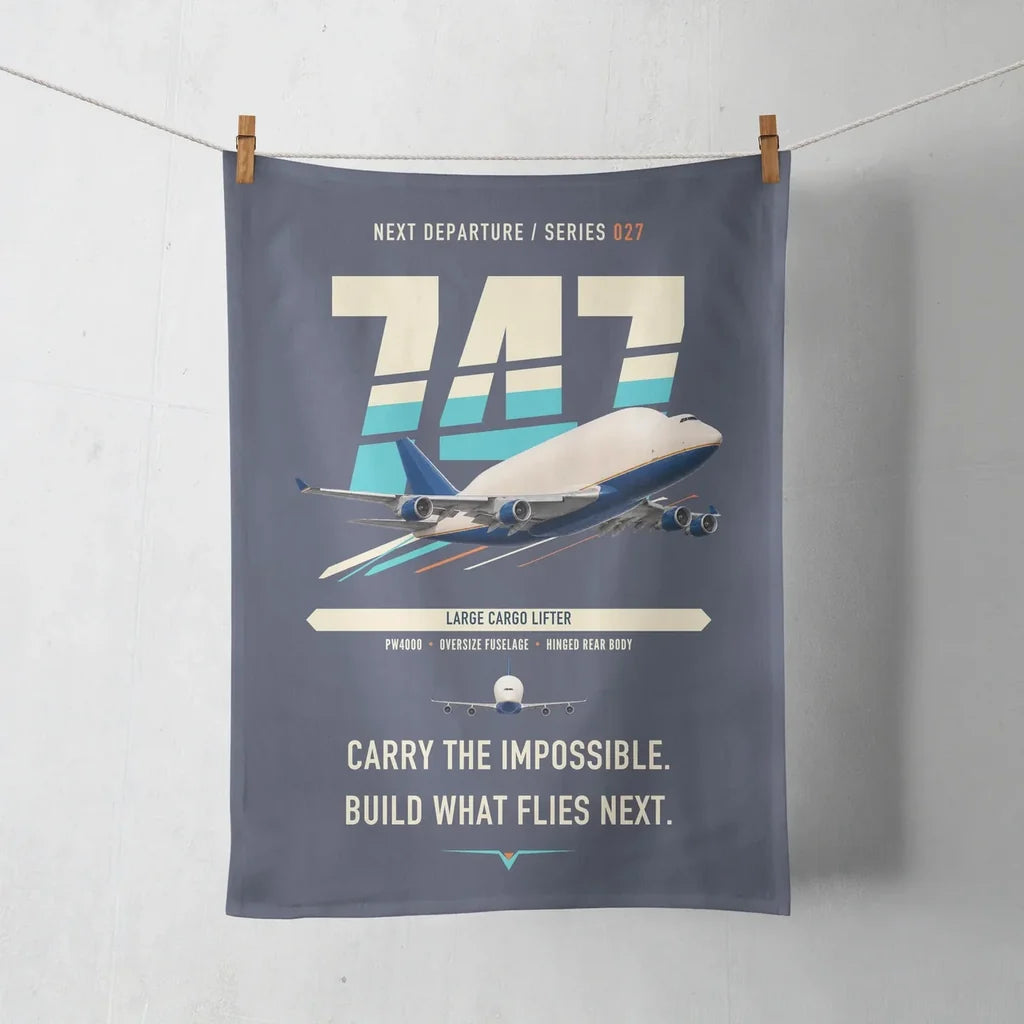 Boeing 747-400 Dreamlifter design on navy blue towel