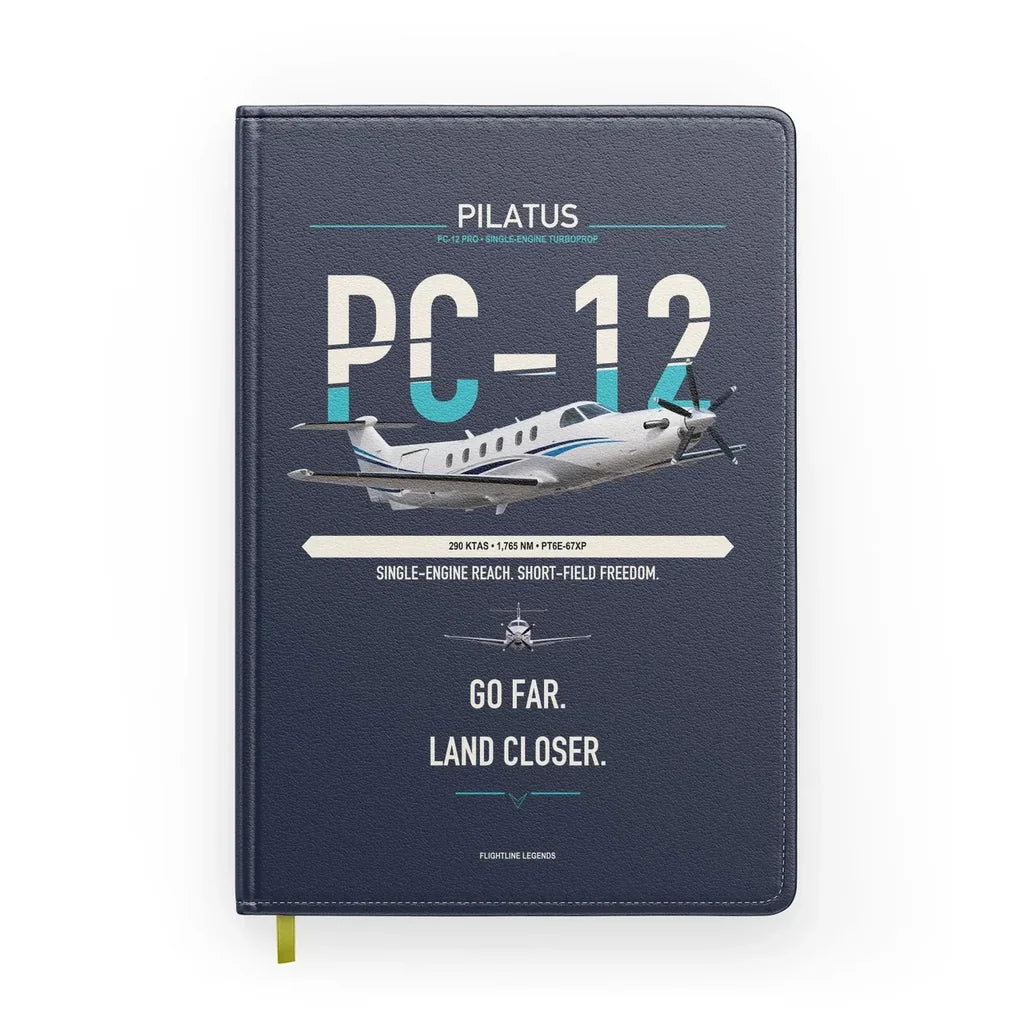 Pilatus PC-12 PRO design on navy blue notebook