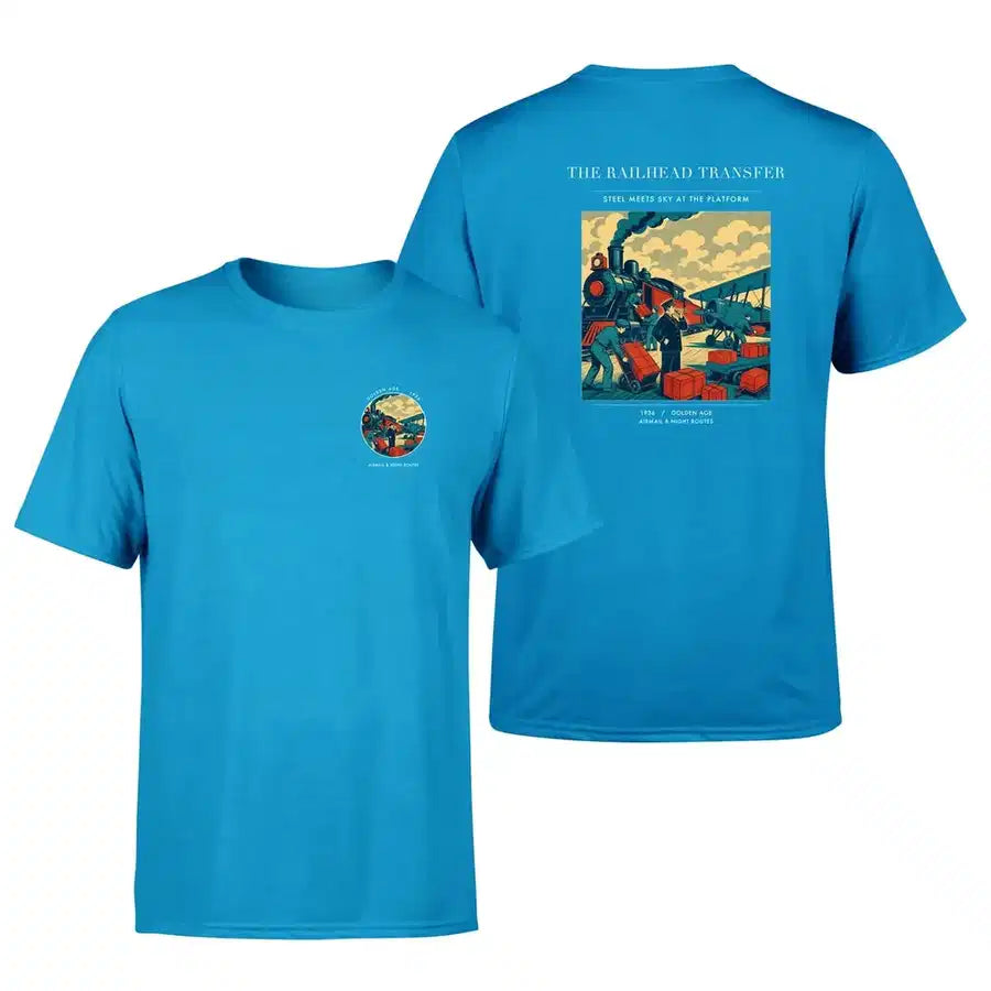 VINTAGE G4485 - The Railhead Transfer - Double-Side T-Shirt design on turquoise double side t shirt