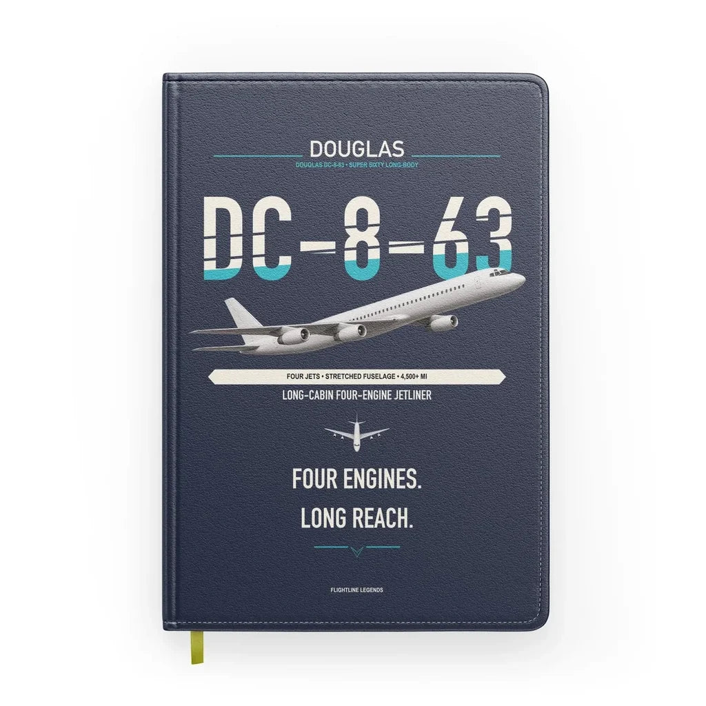 Douglas DC-8-63 design on navy blue notebook