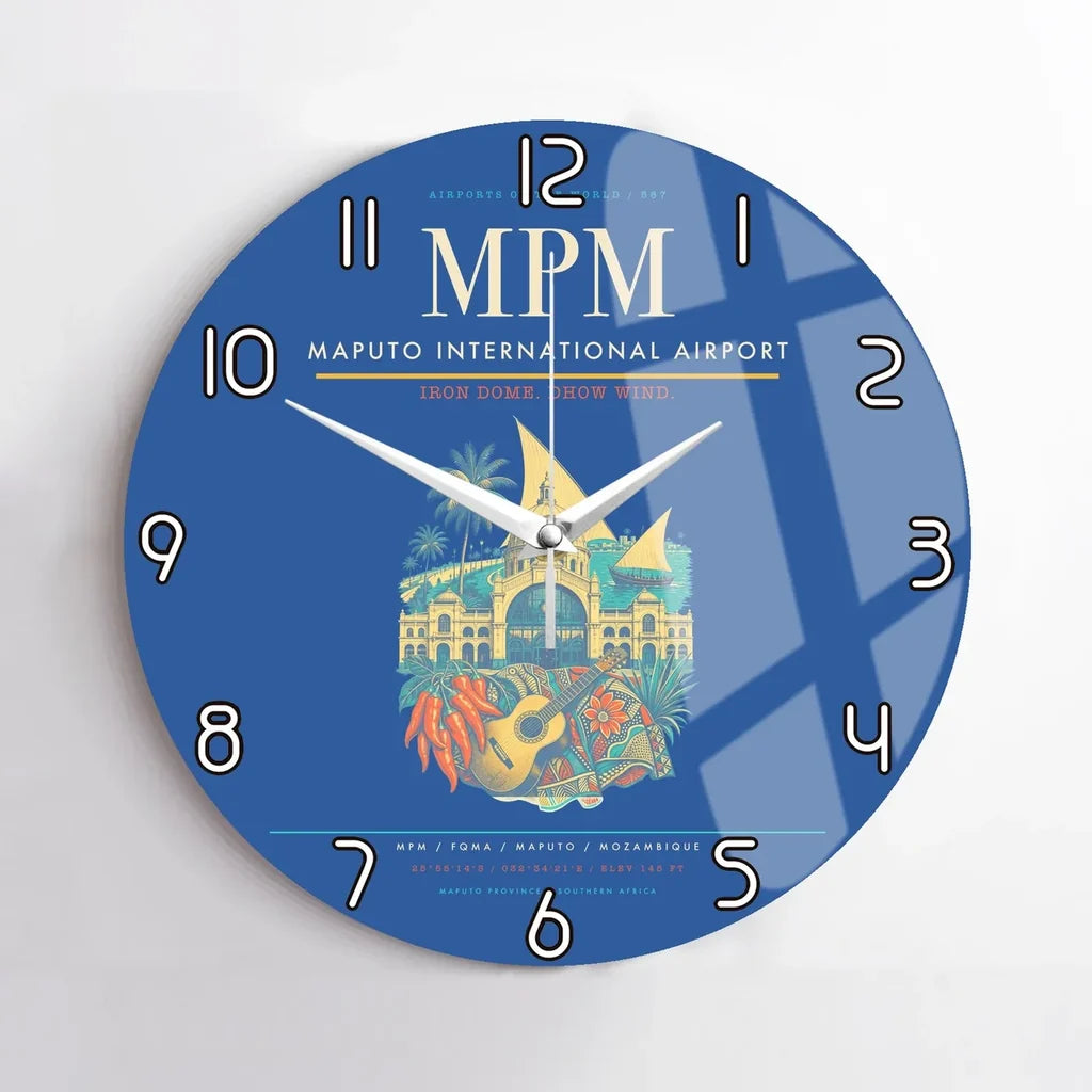 Maputo International Airport (MPM) design on blue no frame wall clock