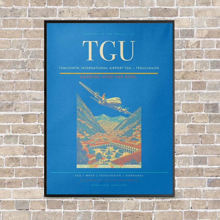 Toncontín International Airport TGU — Tegucigalpa vertical canvas print - framed - turquoise background