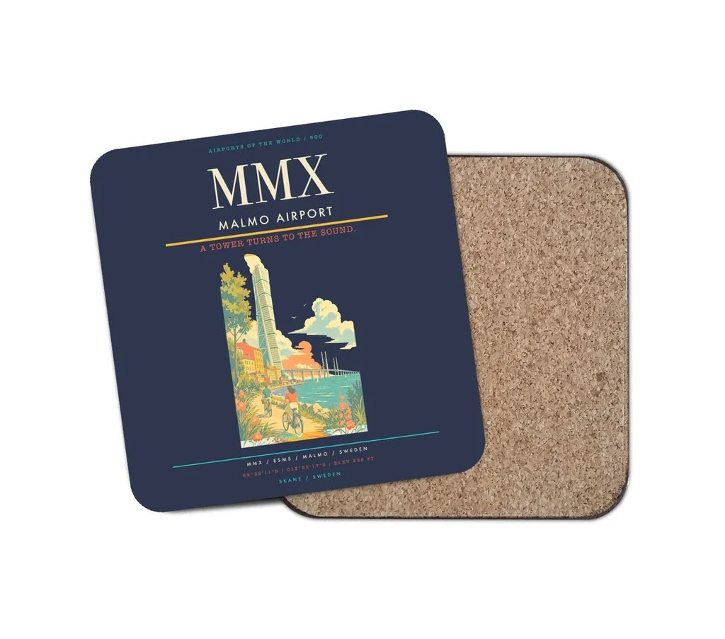 Malmo Airport (MMX) design on navy blue 1 piece coaster