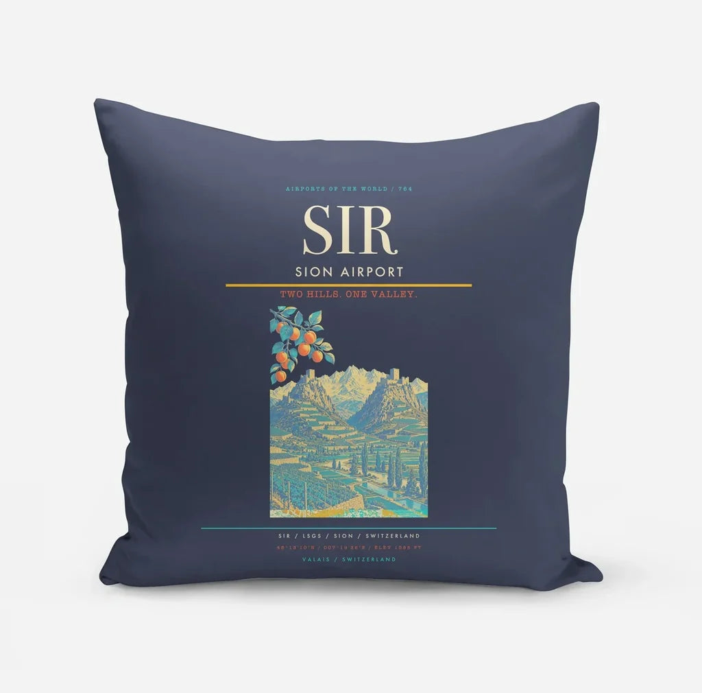 Sion Airport (SIR) design on navy blue pillow