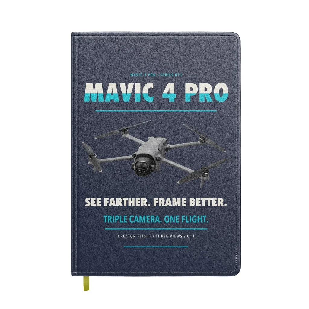 DJI Mavic 4 Pro design on navy blue notebook