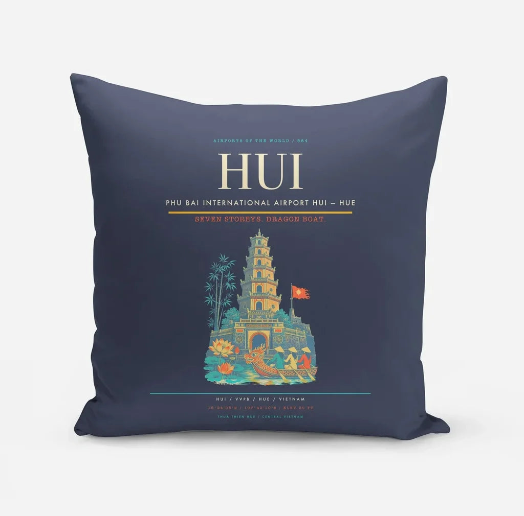 Phu Bai International Airport (HUI) design on navy blue pillow