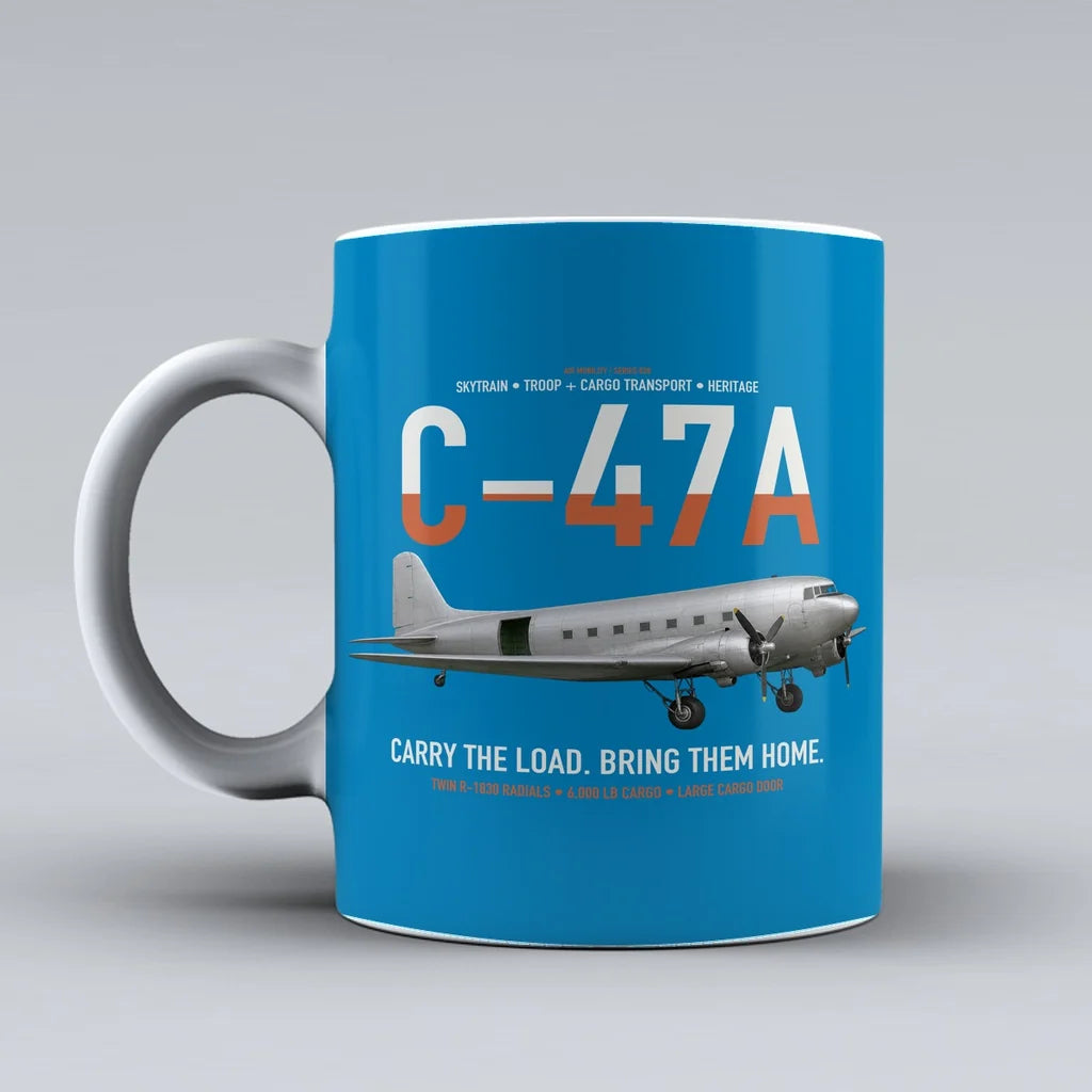 C-47A Skytrain design on turquoise ceramic mug, double-side print
