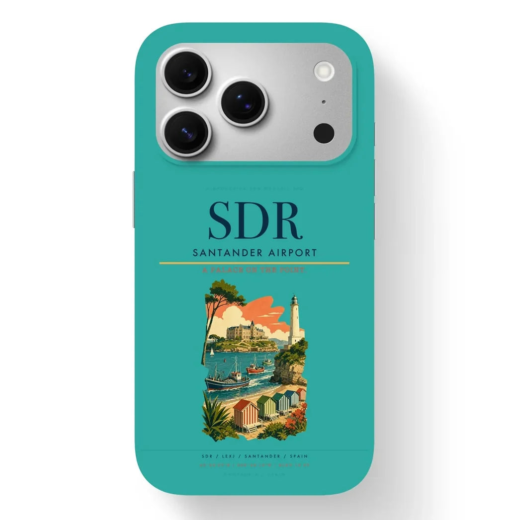 Santander Airport (SDR) design on turquoise iPhone 17 Pro MagSafe case