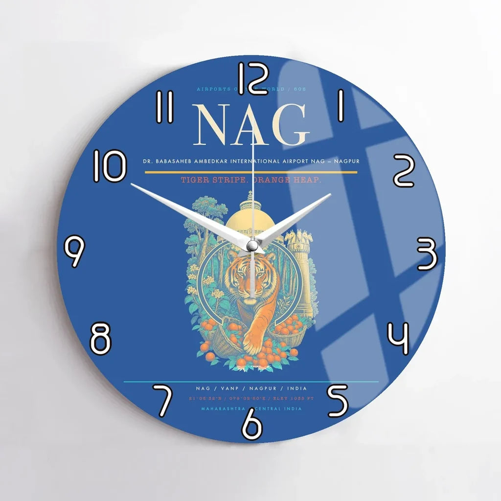 Dr. Babasaheb Ambedkar International Airport (NAG) design on blue no frame wall clock