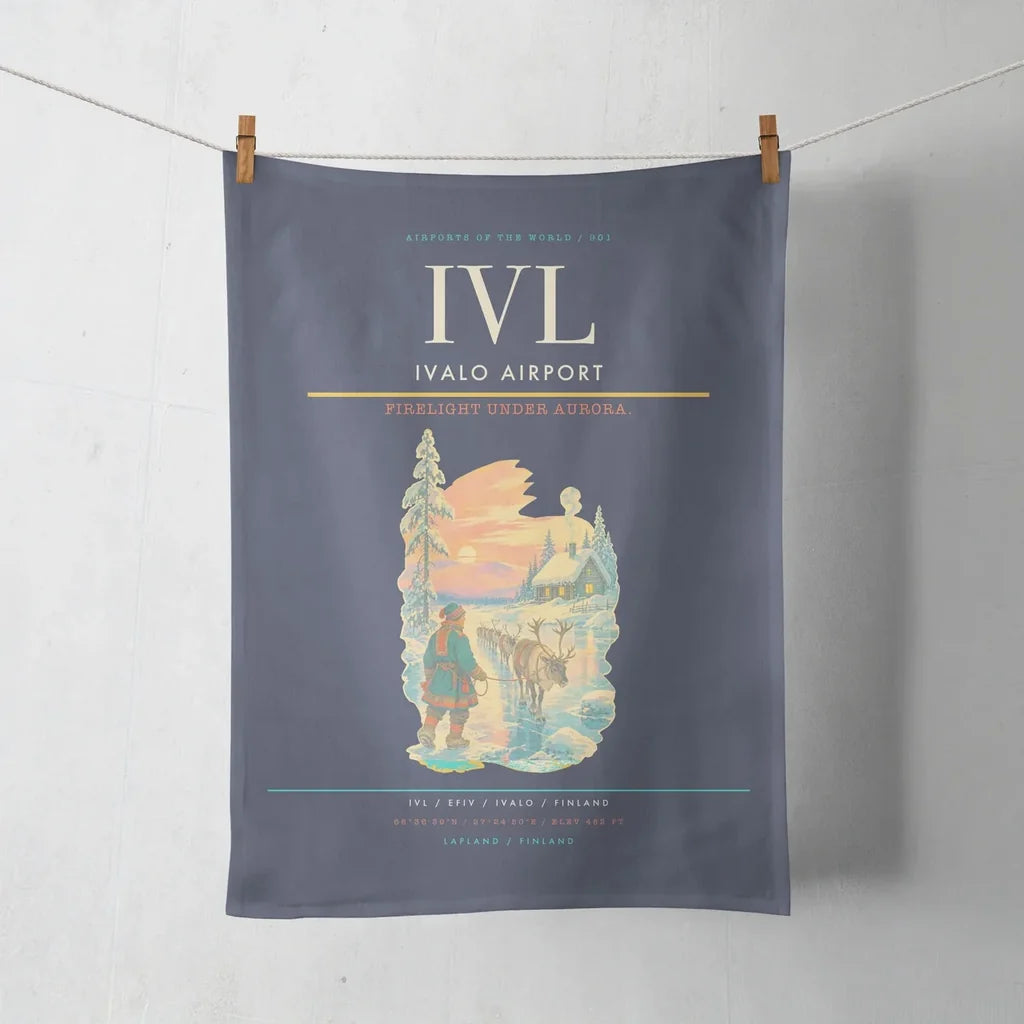 Ivalo Airport (IVL) design on navy blue towel
