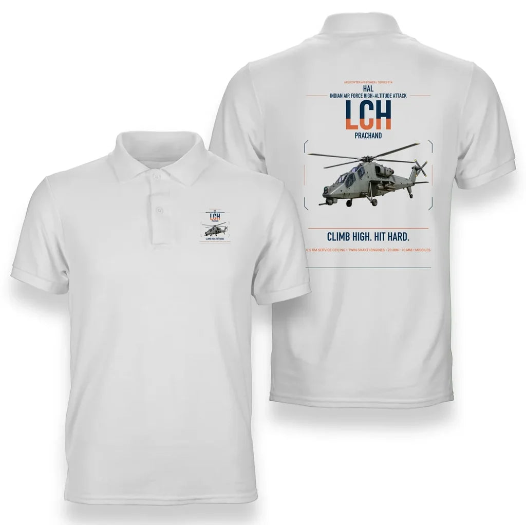 HAL LCH Prachand design on white double-side polo t-shirt, double-side print