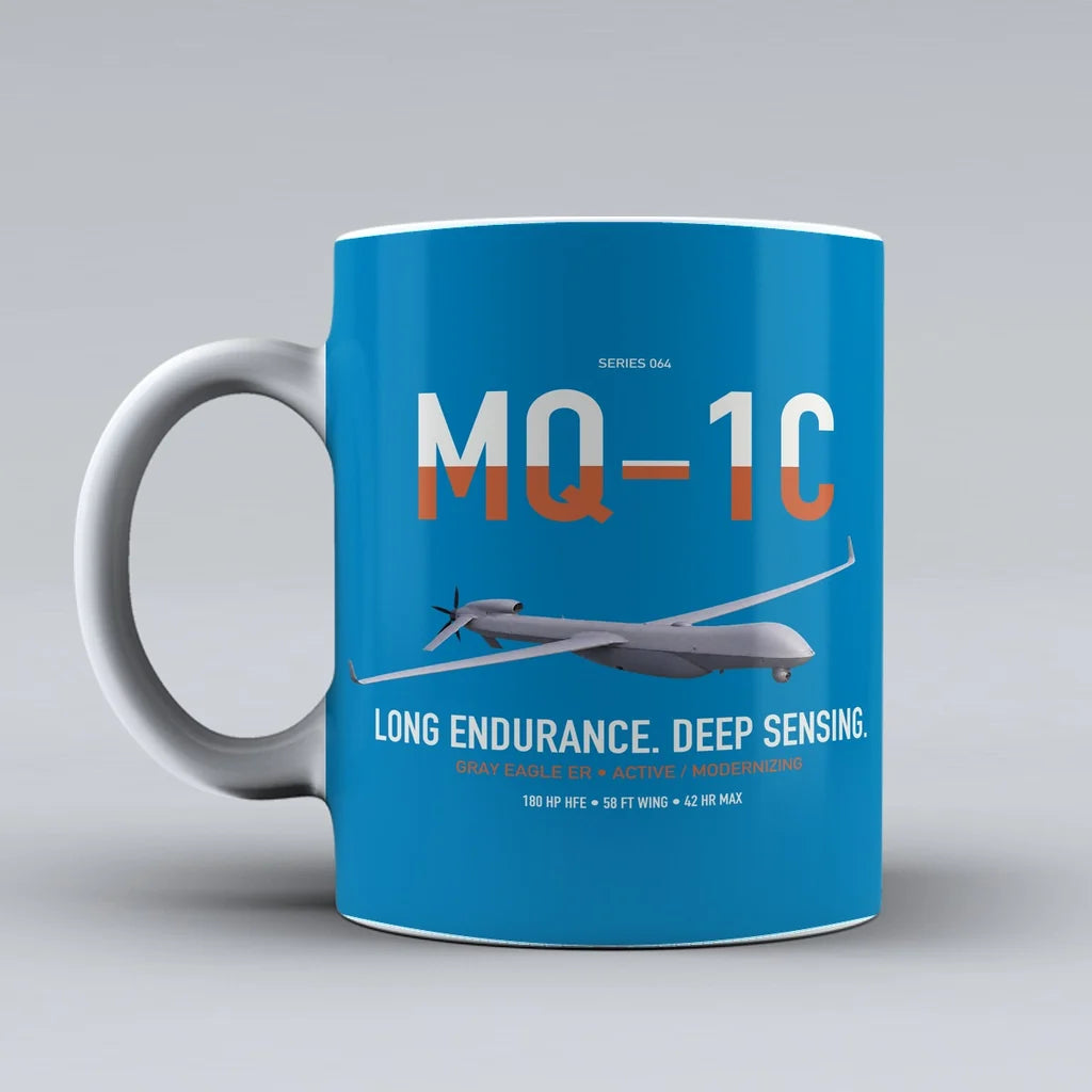 MQ-1C Gray Eagle ER design on turquoise ceramic mug, double-side print