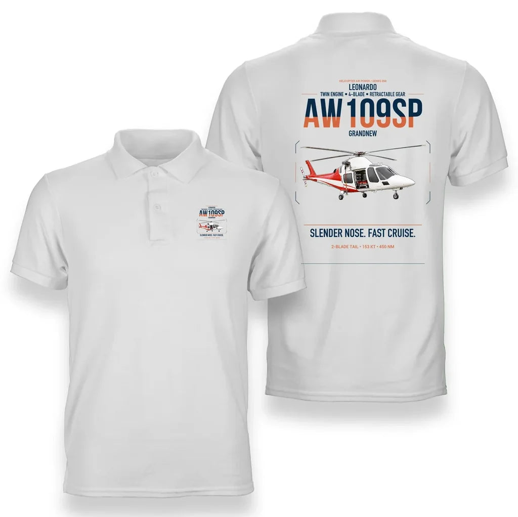 Leonardo AW109SP GrandNew design on white double-side polo t-shirt, double-side print