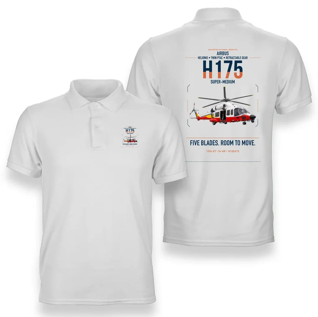 Airbus H175 design on white double-side polo t-shirt, double-side print