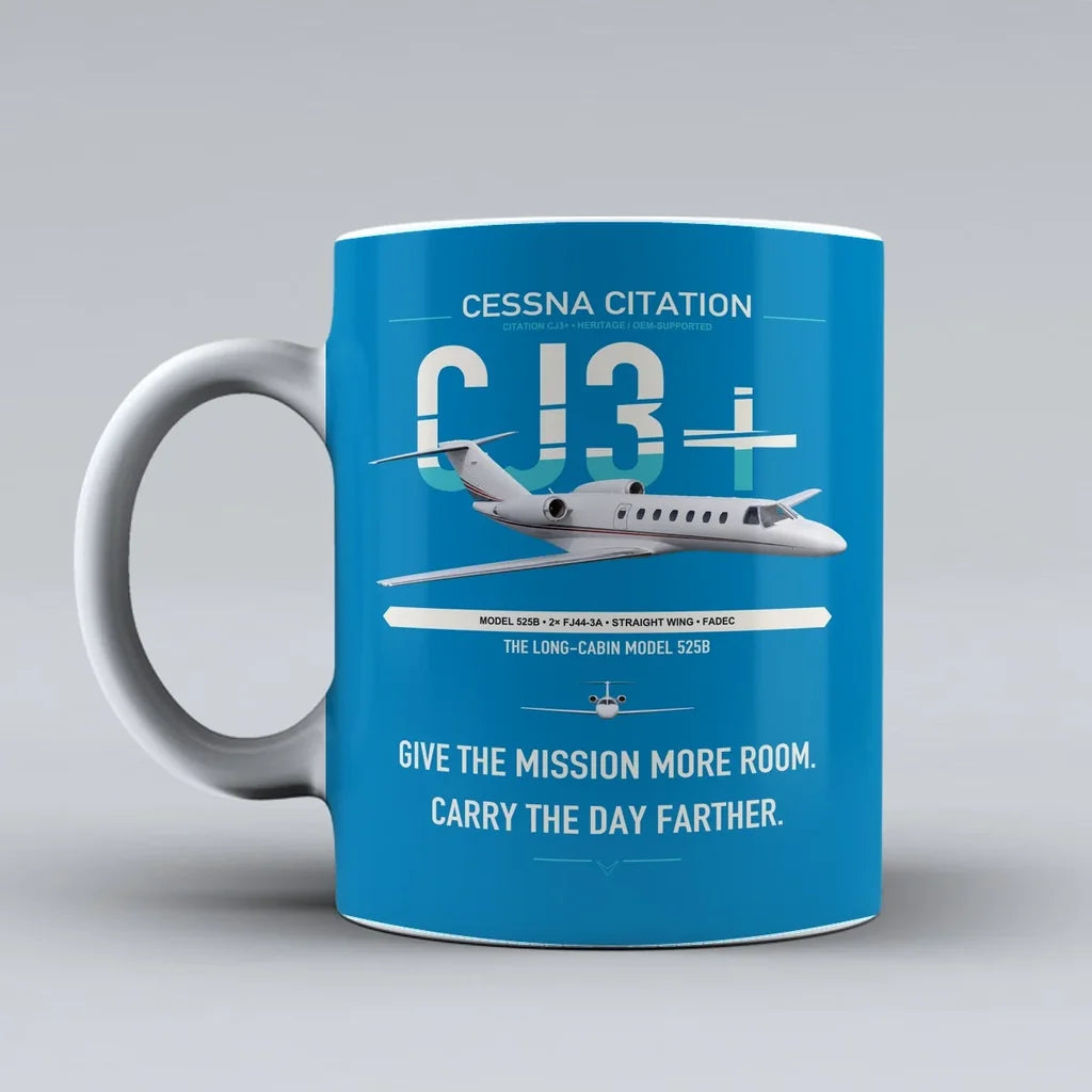 Cessna Citation CJ3+ design on turquoise ceramic mug, double-side print