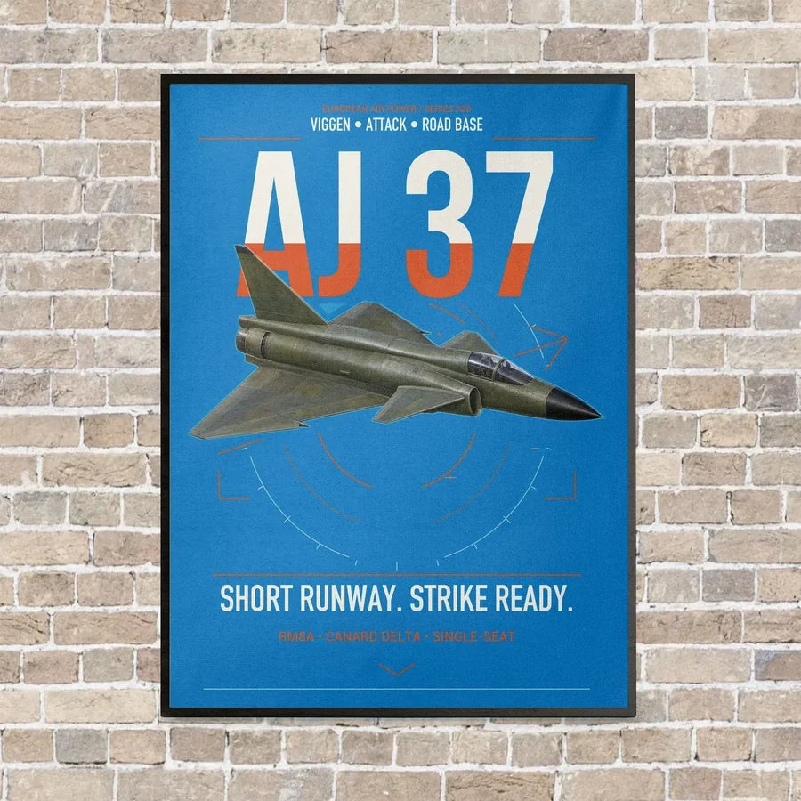 Saab AJ 37 Viggen vertical canvas print - framed - turquoise background