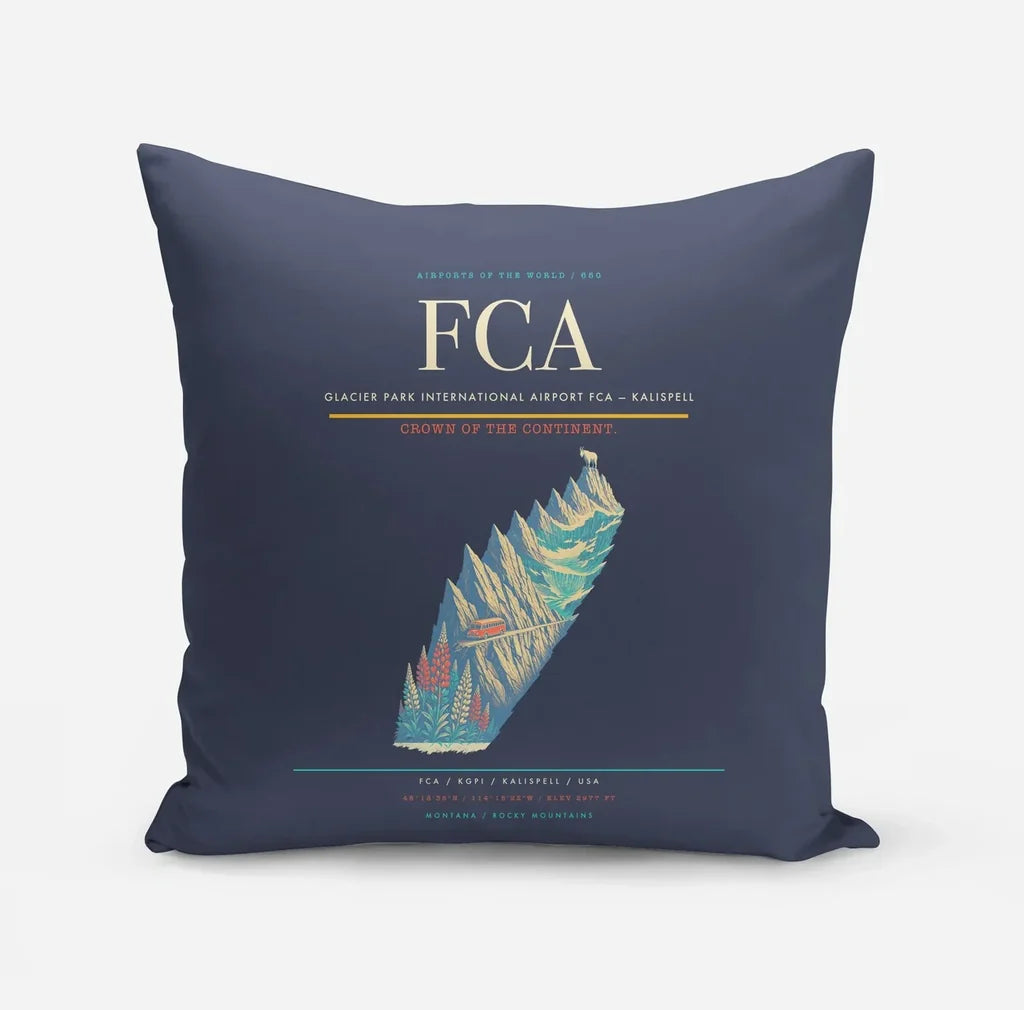 Glacier Park International Airport (FCA) design on navy blue pillow