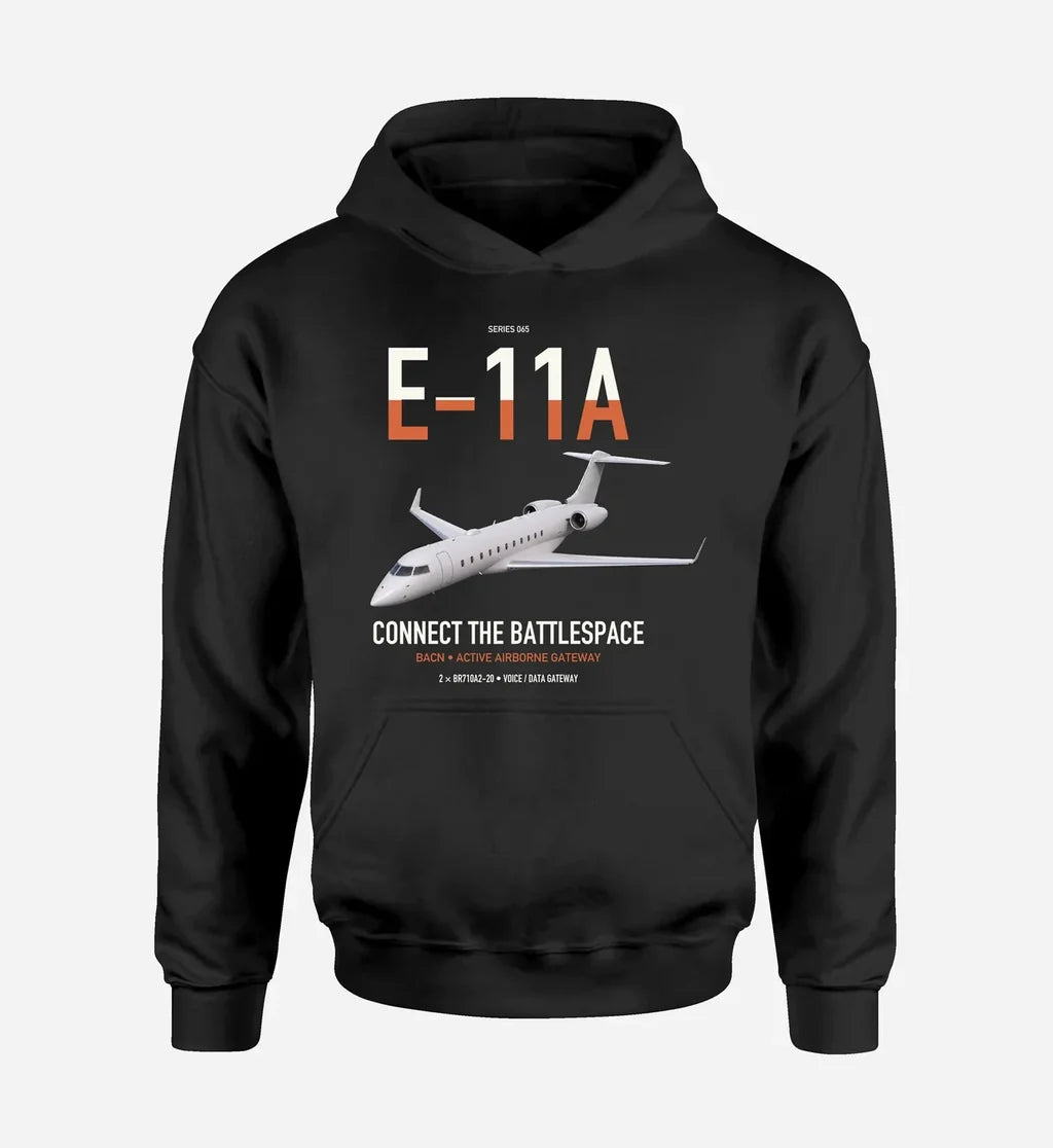 E-11A BACN design on black double-side hoodie, single-side print