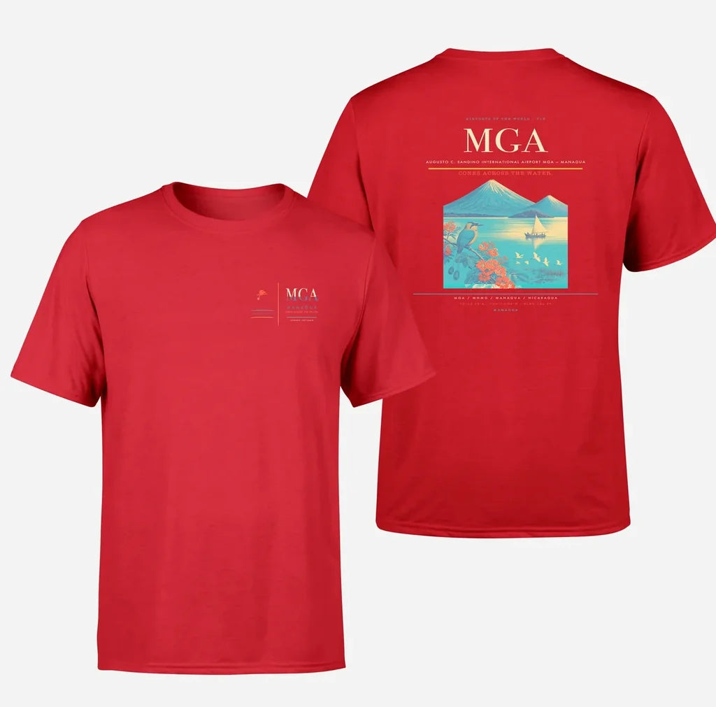 Augusto C. Sandino International Airport (MGA) design printed on red double-side t-shirt