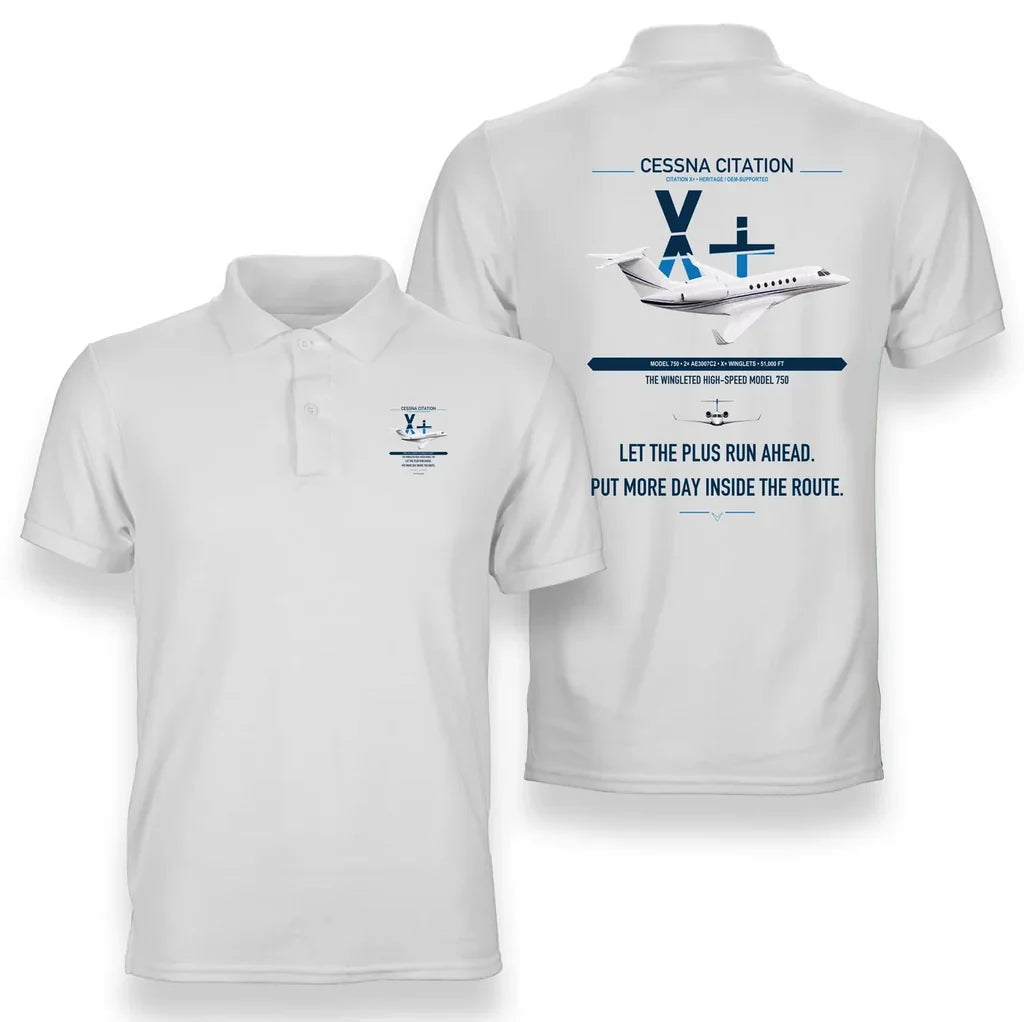 Cessna Citation X+ design on white double-side polo t-shirt, double-side print