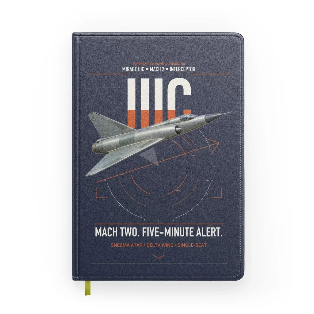 Dassault Mirage IIIC design on navy blue notebook