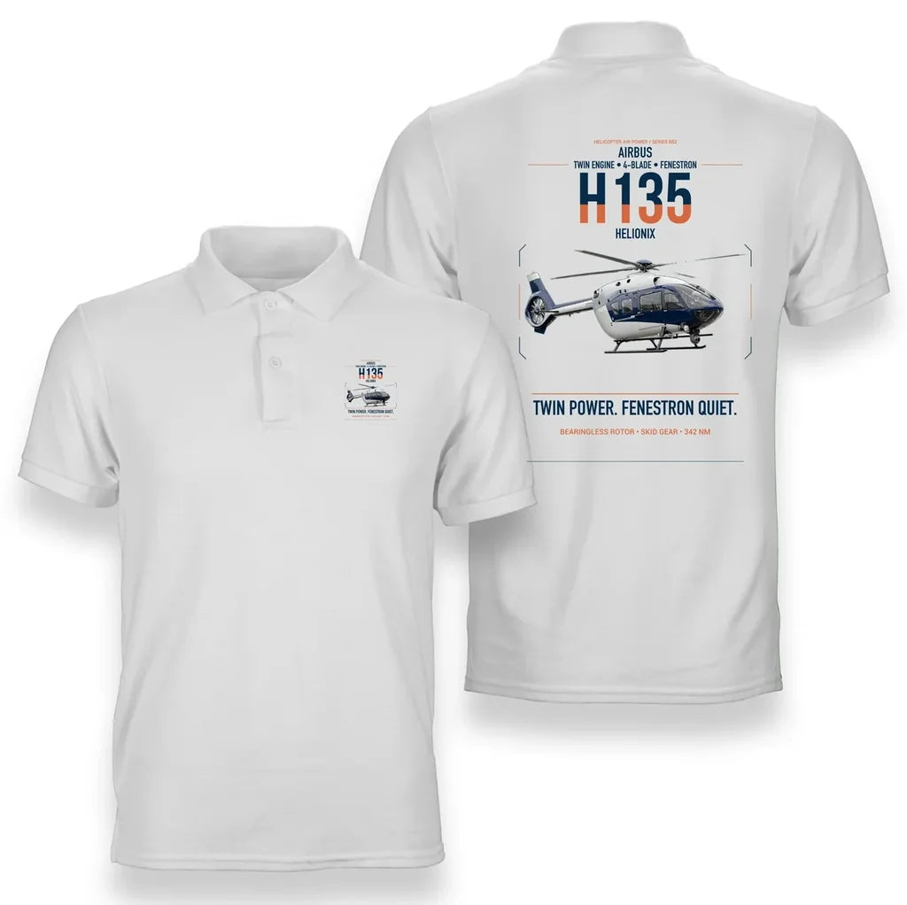 Airbus H135 design on white double-side polo t-shirt, double-side print