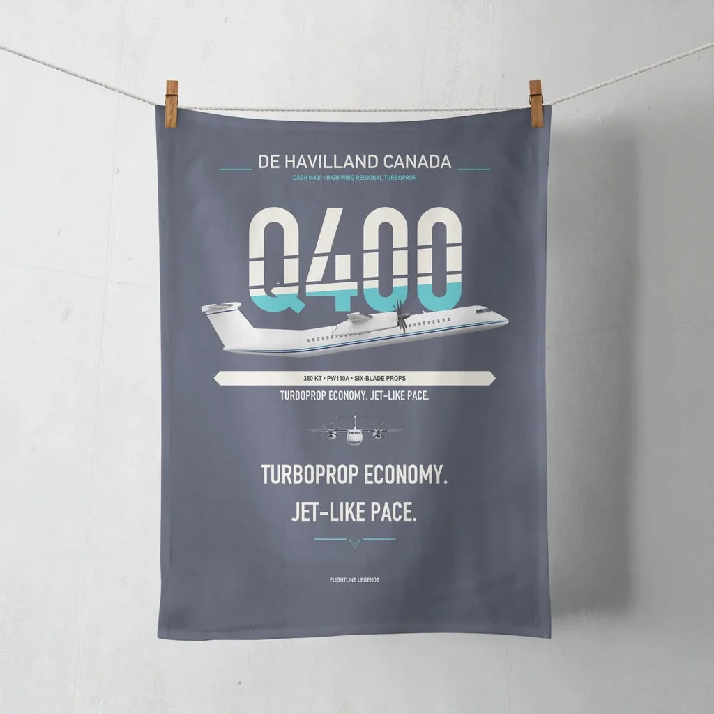 De Havilland Dash 8-400 design on navy blue towel