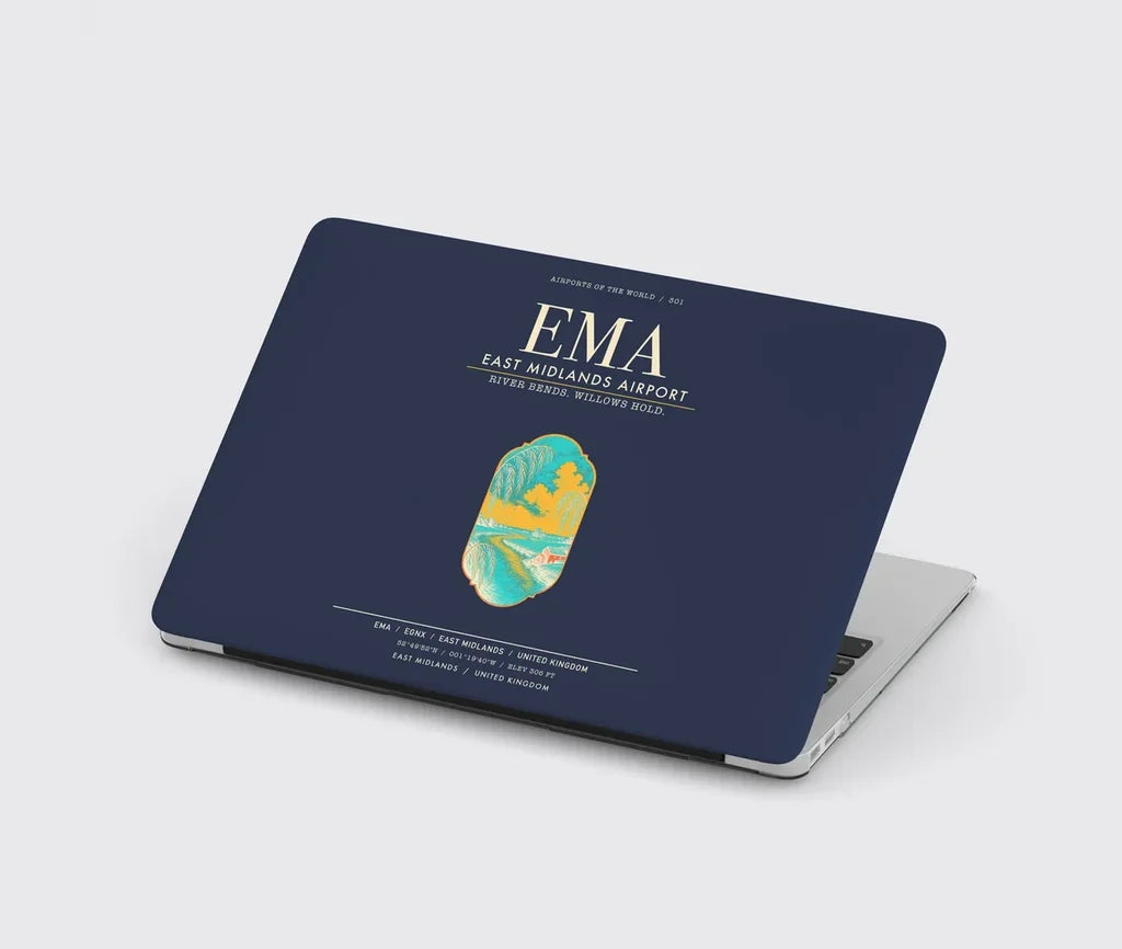East Midlands Airport (EMA) design on navy blue MacBook case