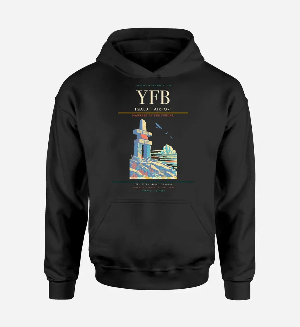 Iqaluit Airport (YFB) design on black hoodie single-side print