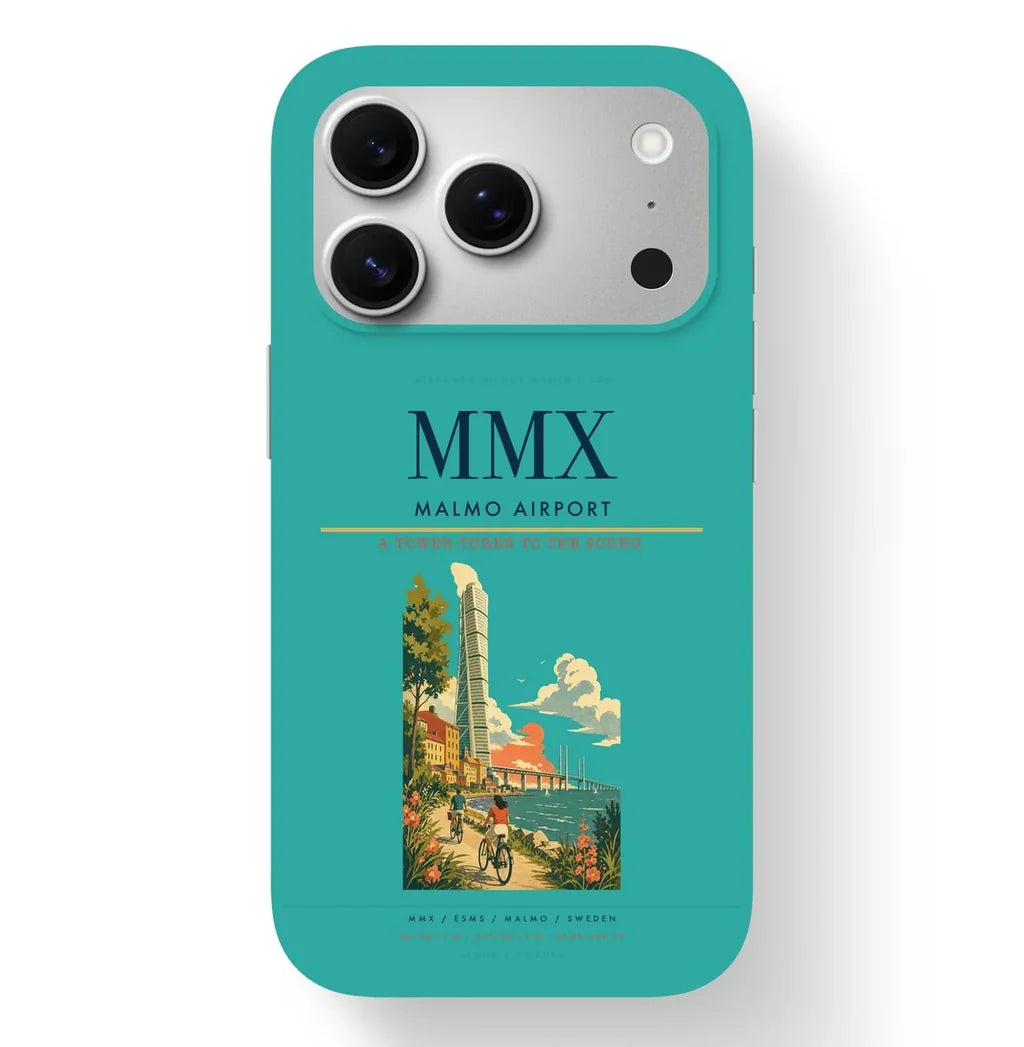 Malmo Airport (MMX) design on turquoise iPhone 17 Pro MagSafe case
