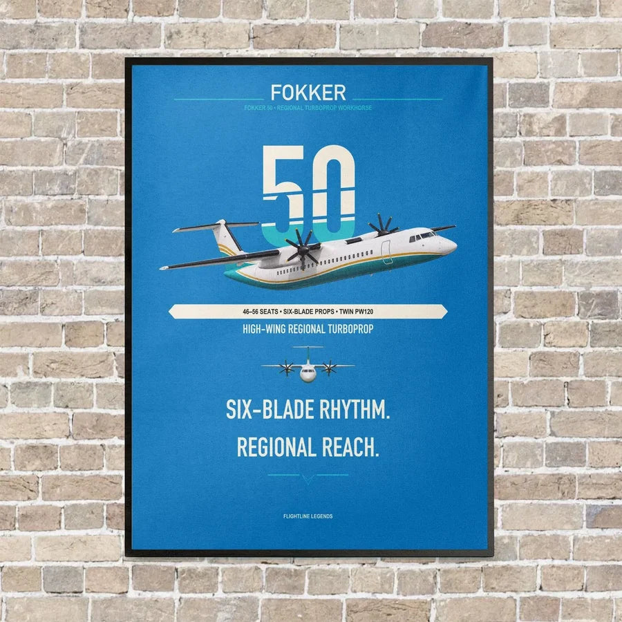 Fokker 50 vertical canvas print - framed - turquoise background