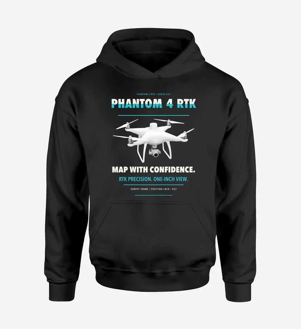 DJI Phantom 4 RTK design on black hoodie single side