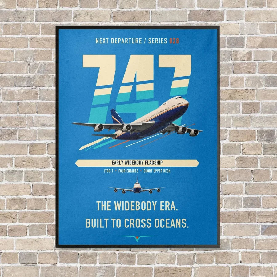 Boeing 747-200B vertical canvas print - framed - turquoise background