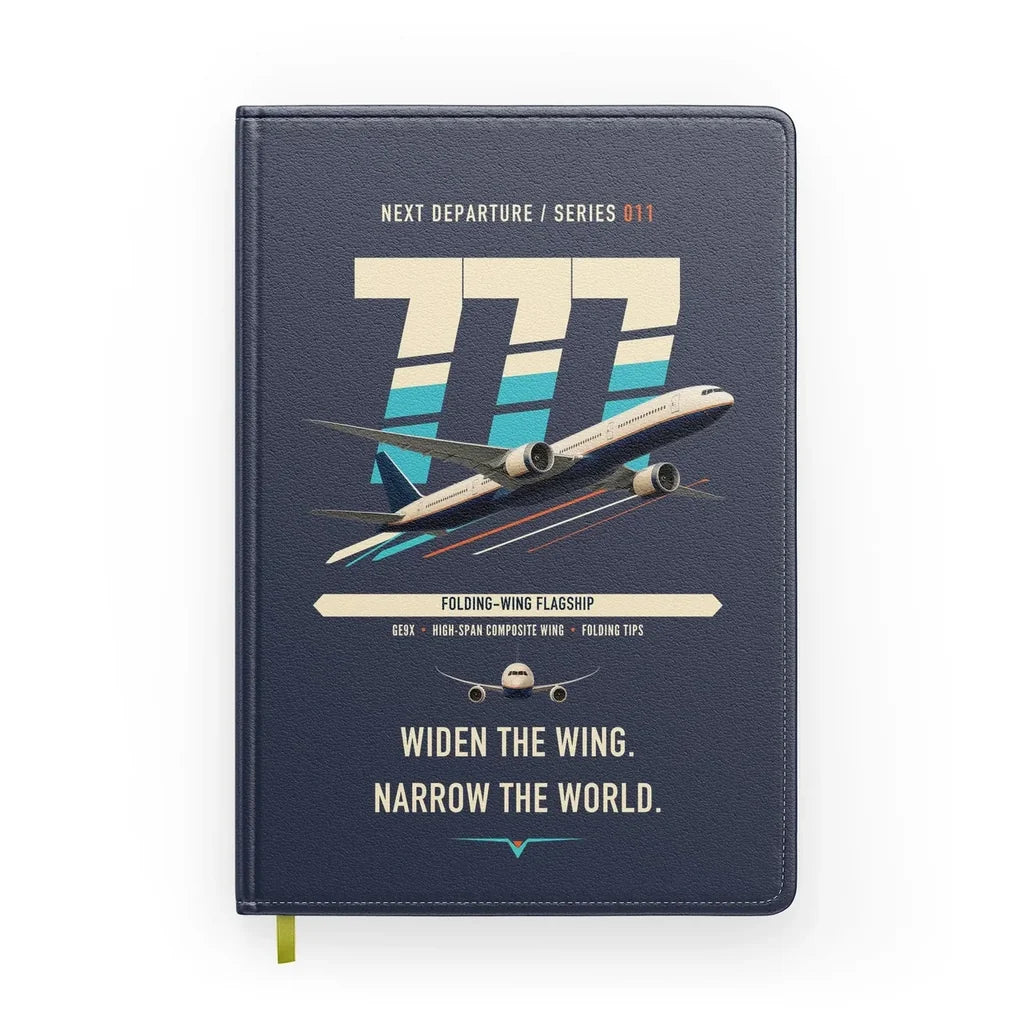 Boeing 777-9 design on navy blue notebook