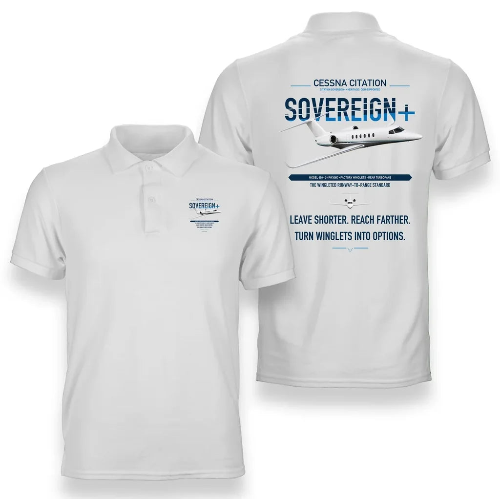 Cessna Citation Sovereign+ design on white double-side polo t-shirt, double-side print