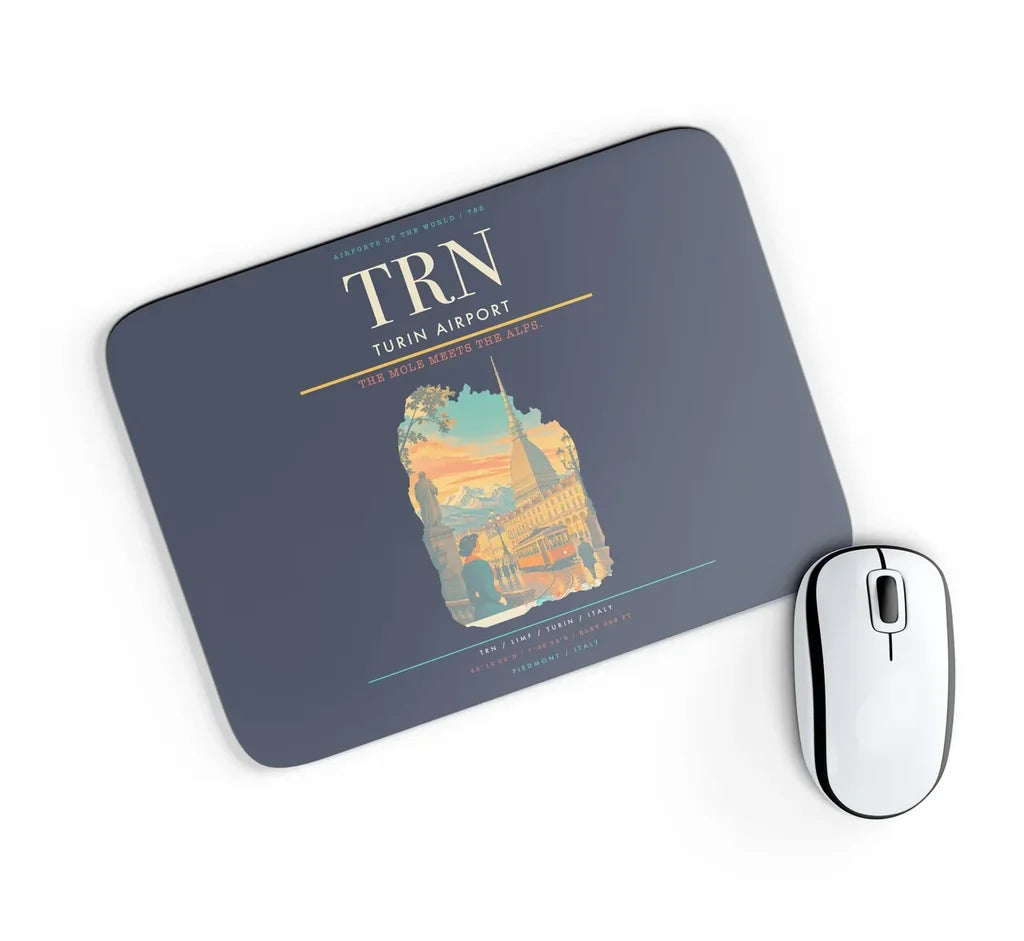 Turin Airport (TRN) design on navy blue rectangle mouse pad