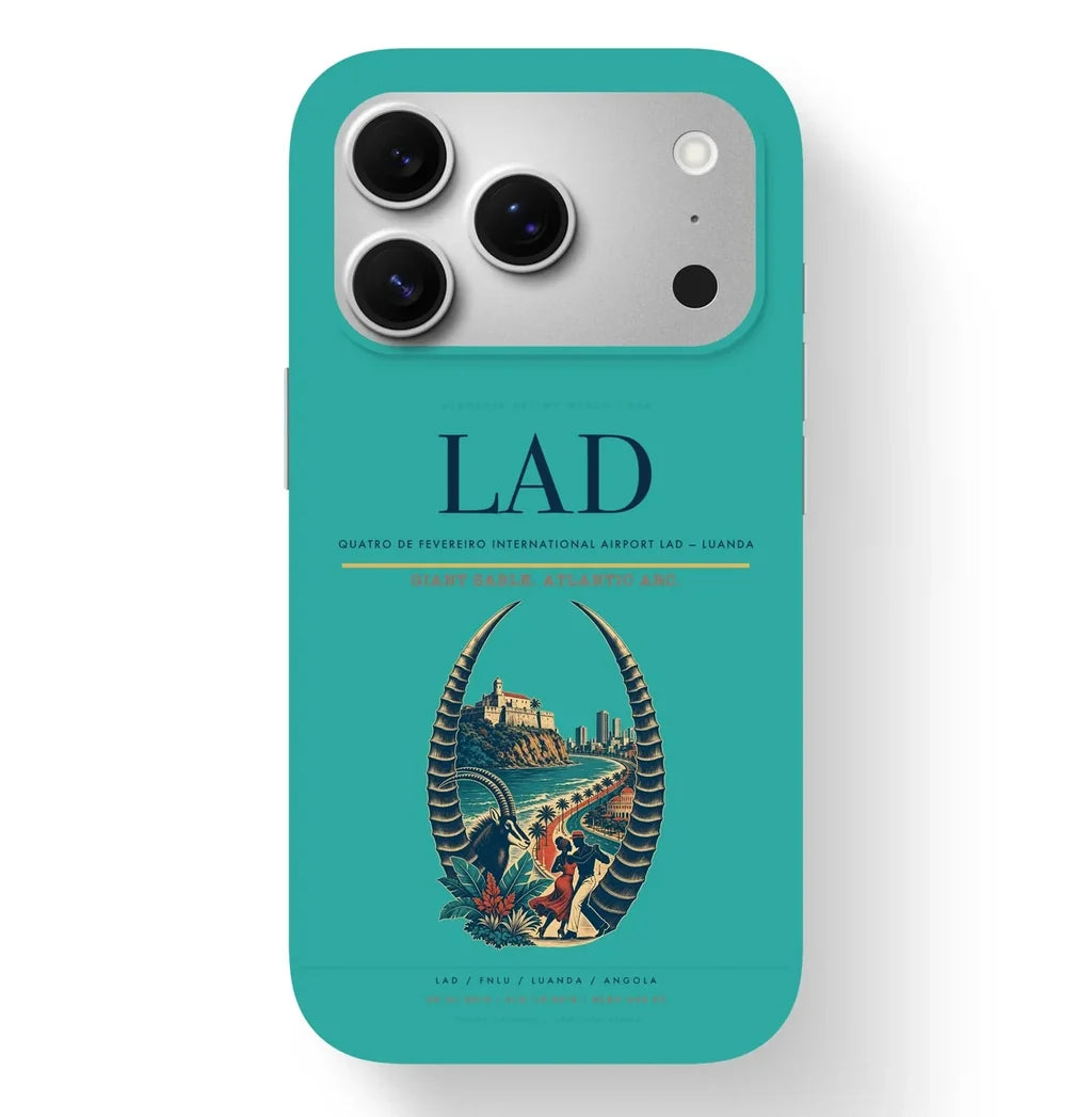 Luanda Airport (LAD) design on turquoise iPhone 17 Pro MagSafe case