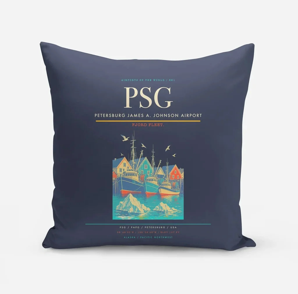Petersburg James A. Johnson Airport (PSG) design on navy blue pillow