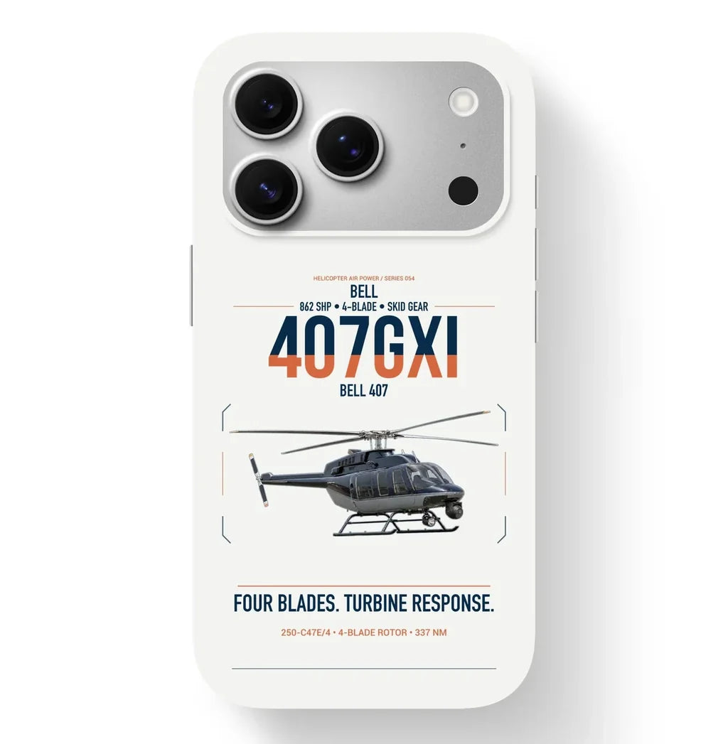 Bell 407GXi design on white magsafe iphone case, for iPhone 17 Pro