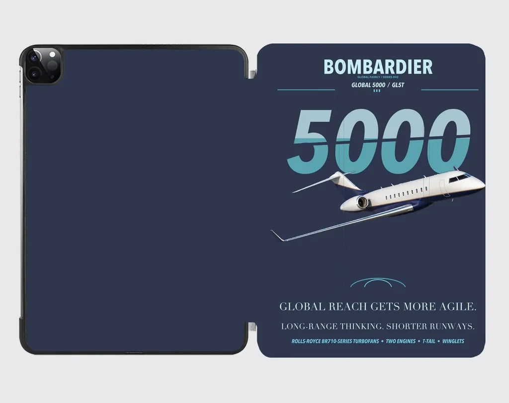 Bombardier Global 5000 design on navy blue ipad tablet case