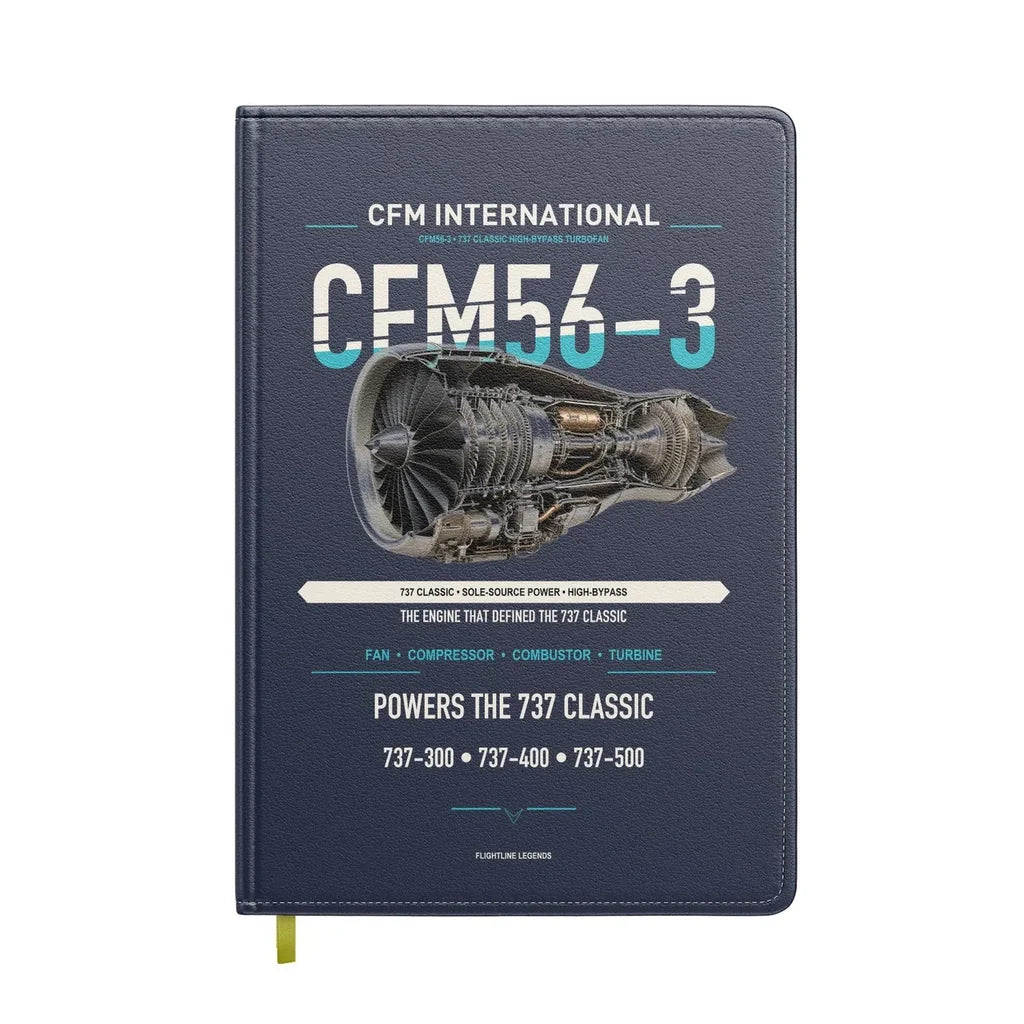 CFM56-3 design on navy blue notebook
