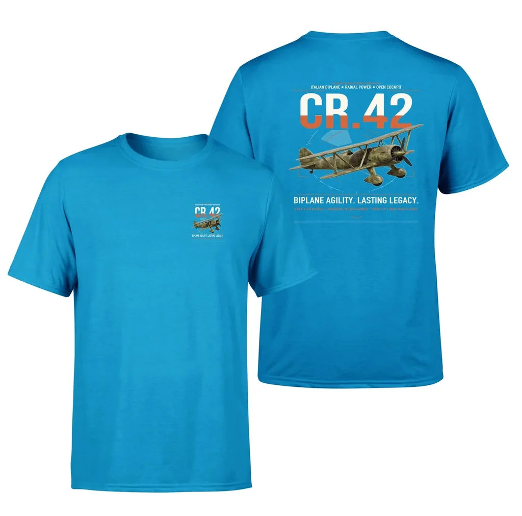 Fiat CR.42 Falco design on turquoise t-shirt, double-side print