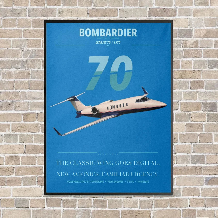 Bombardier Learjet 70 vertical canvas print - framed - turquoise background