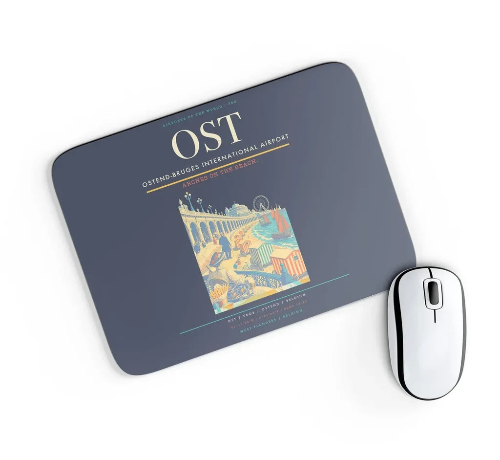 Ostend-Bruges International Airport (OST) design on navy blue rectangle mouse pad