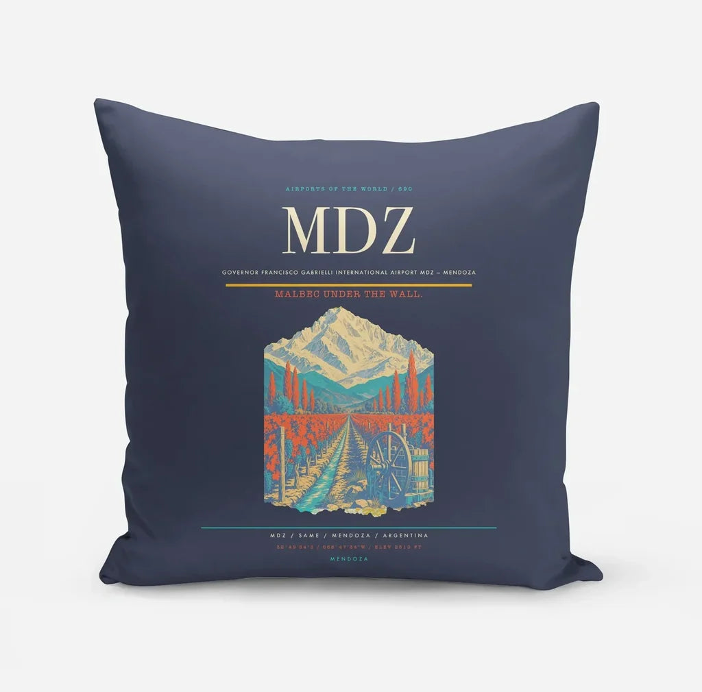 Governor Francisco Gabrielli International Airport (MDZ) design on navy blue pillow