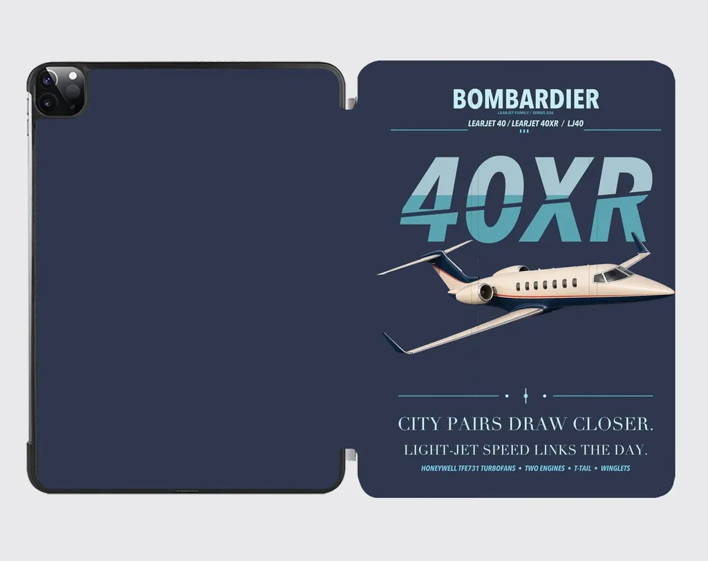 Bombardier Learjet 40XR design on navy blue ipad tablet case