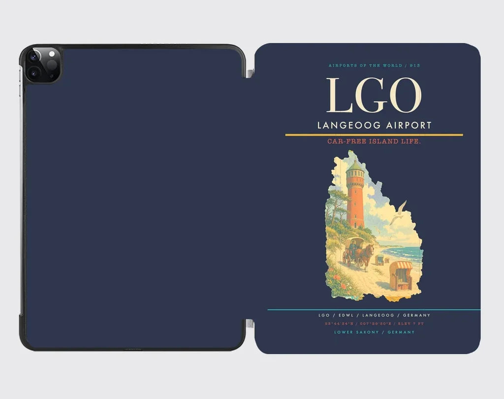 Langeoog Airport (LGO) design on navy blue ipad tablet case