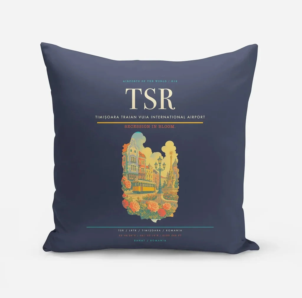 Timișoara Traian Vuia International Airport (TSR) design on navy blue pillow